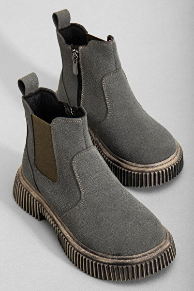 Tonny Black Children's Unisex Smoked Suede Thick Serrated Thermo Sole Zippered Elastic Chelsea Boots