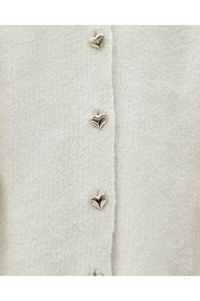 Modamorfo Heart Buttoned Sleeve Fringed Knitwear Cardigan -Beige