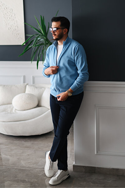 Avni Ceylan Men's Sky Blue Casual Zippered Cardigan