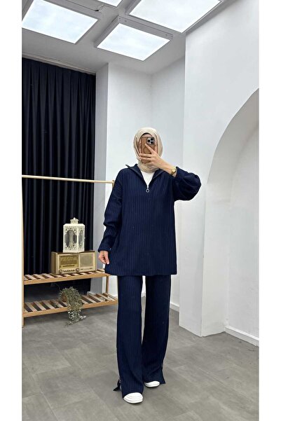 Minharir Basic Zipper Detailed Knitwear Set Comfortable Fit Stylish Hijab Two-Piece Set