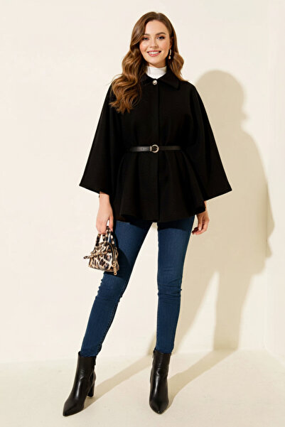 Kirazgym Women's Belted Shirt Collar Cashmere Poncho