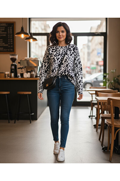 STYLENEST Women's Leopard Print Cotton Soft Textured Crew Neck Sweater