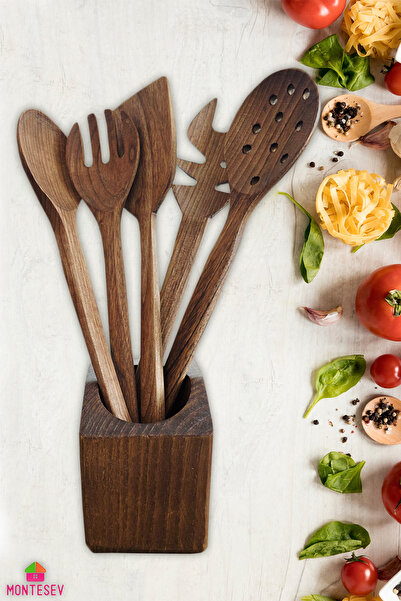MONTESEV Doğal Diş Budak Ağacı Standlı Ahşap Ceviz Ağacı Kaşık Seti Yemek Kaşık Seti Ahşap Kaşıklık 6 Parça