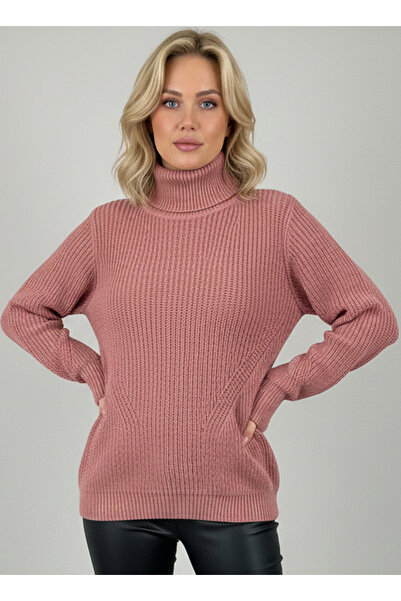 Millionaire Women's Dusty Rose Salmon Thick Knit Turtleneck Sweater