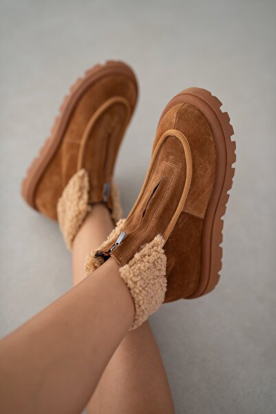 selin shoes Bruve Front Zipper Detailed Fur Genuine Leather Suede Women's Boots-Taba