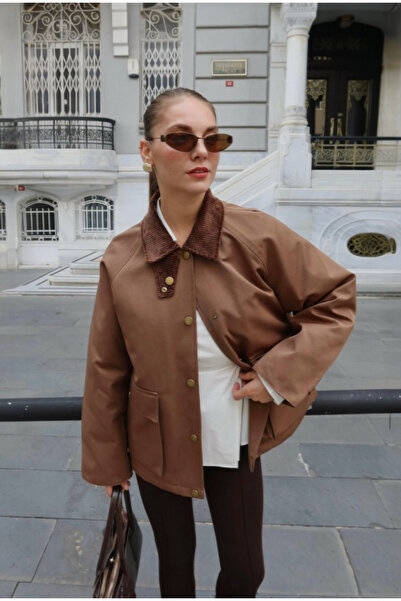 BRTC design Women's Brown Velvet Collar Padded Double Pocket Jacket