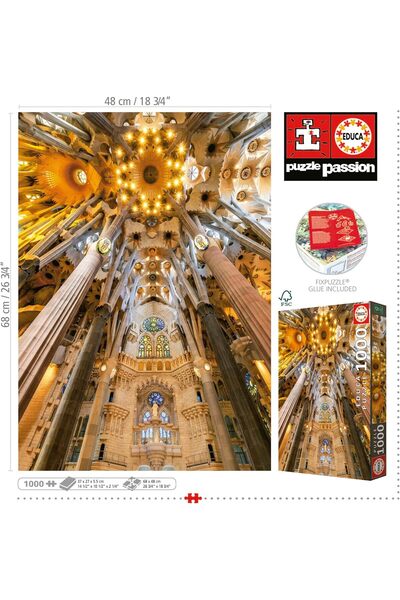 EDUCA - Modern - Sagrada Familia Interior - 1000-piece Jigsaw Puzzle with Glue - 26.8 x 18.9 in - Ag