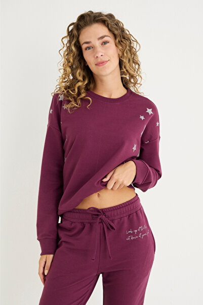 İPEKTENİM Minik Yıldız Baskılı Yazı Detaylı Manşetli Eşofman&Pijama Takımı