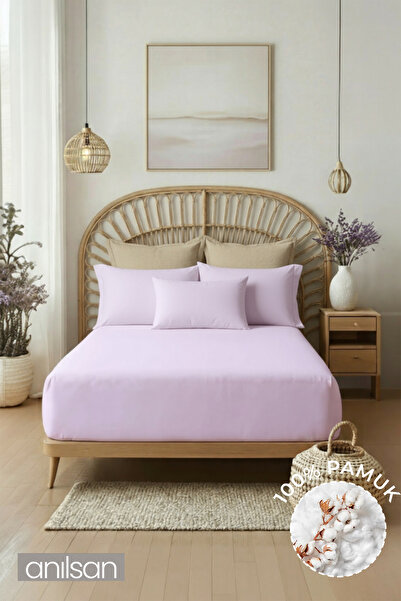 Anılsan Plain Lilac King Ranforce Bed Sheet Set 100% Cotton (Sheet+Pillowcase)