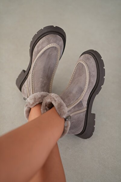 selin shoes Γυναικείες μπότες από γνήσιο δέρμα Corine με λεπτομέρεια από γούνα και φερμουάρ στο πλάι - ΓΚΡΙ ΣΟΥΕΤ