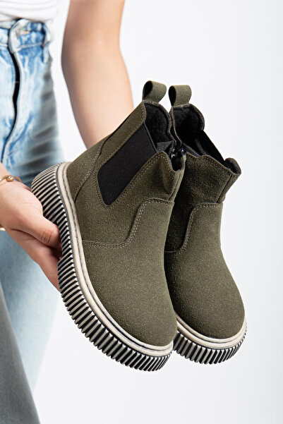 Tonny Black Children's Unisex Khaki Suede Thick Serrated Thermo Sole Zippered Elastic Chelsea Boots