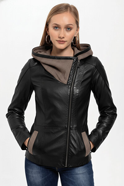 Deriderim Black Antonia Knitwear Hooded Women's Genuine Leather Coat