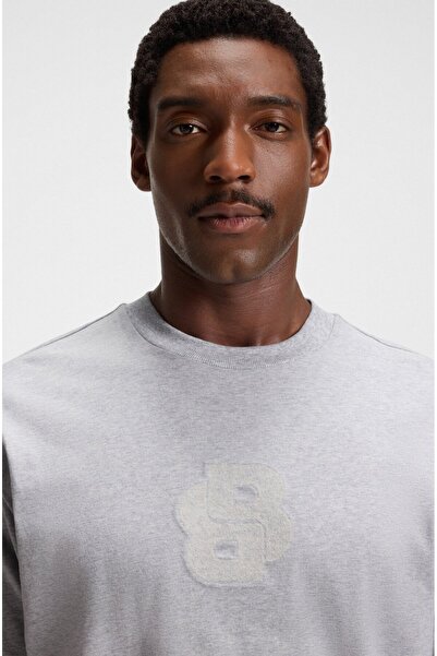 BOSS Men's Comfortable Fit Round Neck Double Logo Detail 100% Cotton Short Sleeve Gray T-Shirt 50549112-072