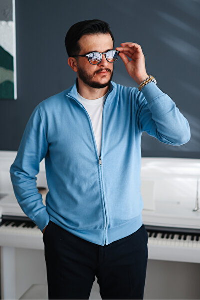 Avni Ceylan Men's Sky Blue Casual Zippered Cardigan