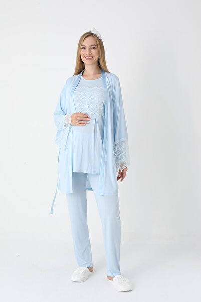 ERDENİZ TEKSTİL Short Robe with Lace Maternity-Pregnant Pajama Set 3-Piece Set