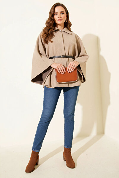 Kirazgym Women's Belted Shirt Collar Cashmere Poncho