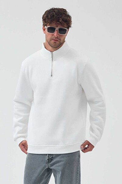 libukes Men's Half Zipper Oversized White Sweatshirt