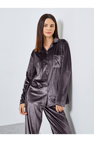 Styli Velvet Button Placket Shirt and Pyjama Set