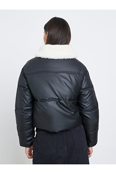 Styli Black Crop Padded Jacket with Fur Trim