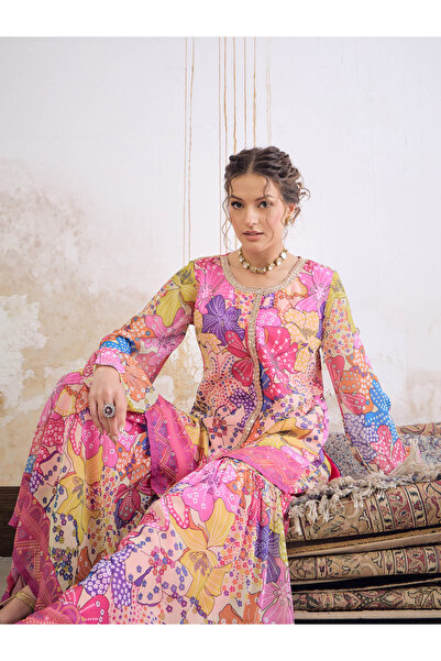 Sassafras By Styli Pink Floral Front Placket Top with Sharara Pants Set