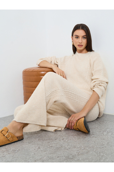 Styli Beige Textured Cable Knit Sweater and Pants Co-ords
