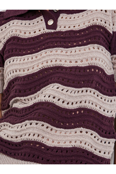 Styli Burgundy Striped Hollow Knit Polo T-Shirt