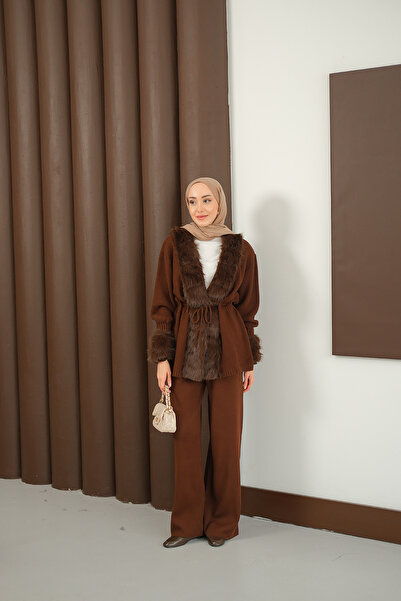 LOCCO Women's Plush Detail Knitwear Set Brown