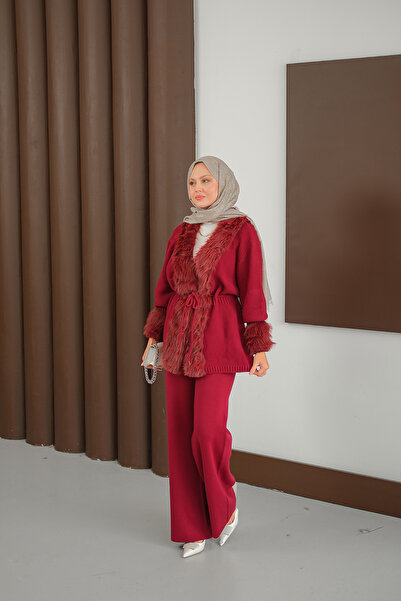 LOCCO Women's Plush Detail Knitwear Set Burgundy