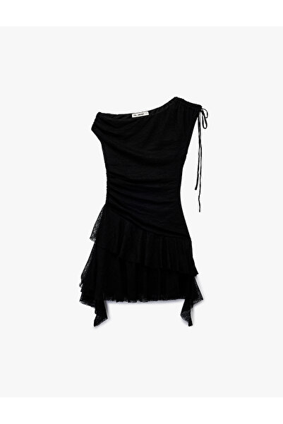 Koton Asymmetrical Neckline Sleeveless Shirred Slim Fit Mini Dress