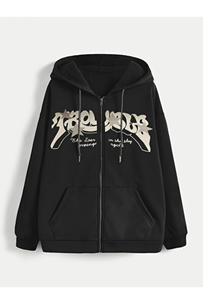 Take Two By Styli Black Graphic Print Zip-Up Jacket