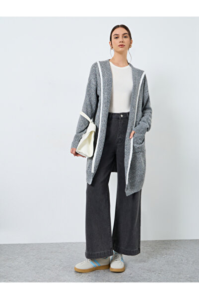 Styli Grey Hooded Front Open Midi Cardigan