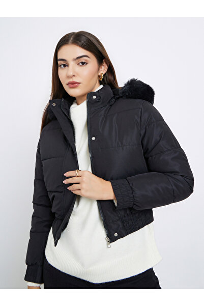 Styli Black Regular Fit Short Length Hooded Padded Jacket with Faux Fur Detail