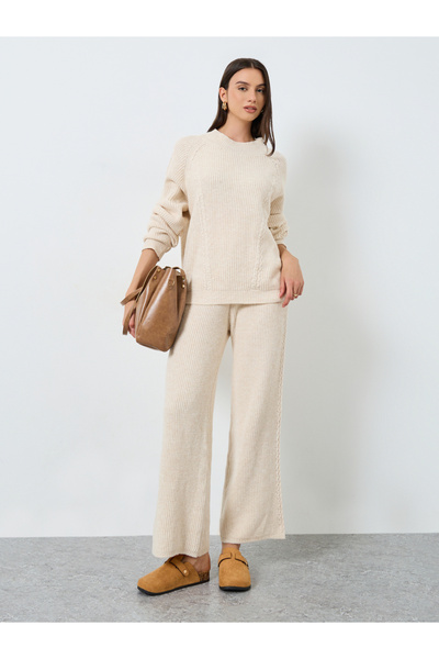 Styli Beige Textured Cable Knit Sweater and Pants Co-ords