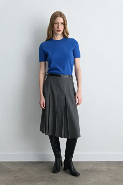Gusto Pilikaşeli Kaşe Long Belted Skirt - Gray