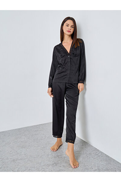 Styli Satin Heart Jacquard Buttoned Shirt and Pyjama Set