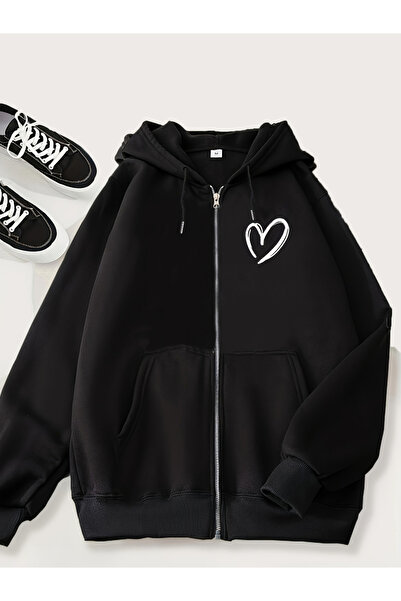 Take Two By Styli Black Heart Print Zip-Up Jacket