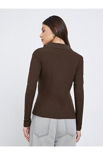 Styli Brown Textured Knit Top with Open Collar