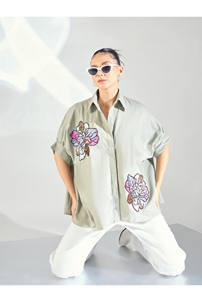 Uptownie By Styli Grey Floral Sequined Oversized Shirt