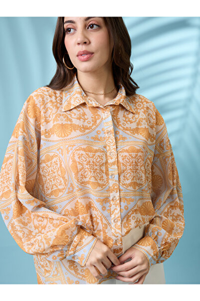 Globus By Styli Yellow Ethnic Print Spread Collar Oversized Shirt