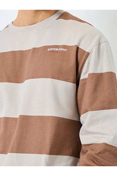 Styli Beige Striped Relaxed Fit Fleece Sweatshirt