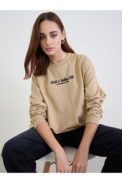 Styli Tan Oversized Embroidered Sweatshirt