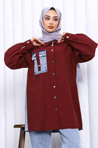 İmajButik Burgundy Denim Paneled Sets