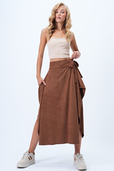 VAGGON Asymmetrical Cut Tie-Waist Faux Suede Skirt