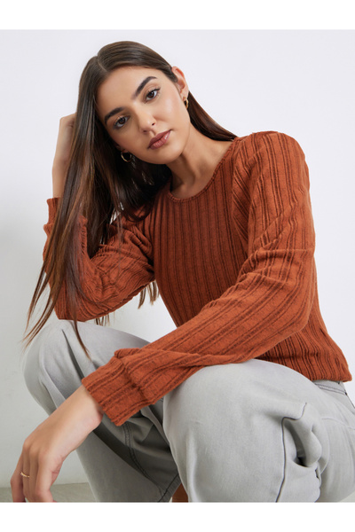 Take Two By Styli Women Rust Ribbed Top with Puff Sleeves