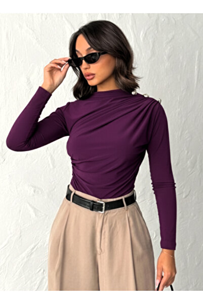 MELA ROSSA Women's Purple Boat Neck Shoulder Buttoned Gathered Long Sleeve Sandy Fabric Blouse