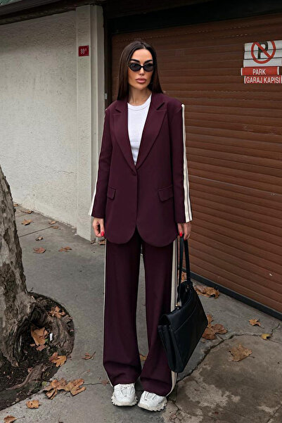 Ortaya Çık Burgundy Striped Detail Sporty Stylish Women's Suit