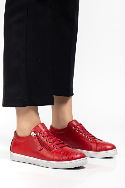 Hayalimdeki Ayakkabı Women's Red Genuine Leather Perforated Sports Shoes