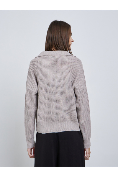 Styli Beige Textured Knit Open Collar Polo T-Shirt