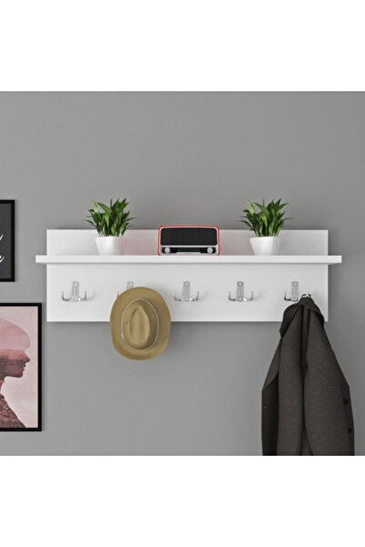 Artenova Cuier hol modern alb cu 5 agatatori si polita, 70 x 20 cm