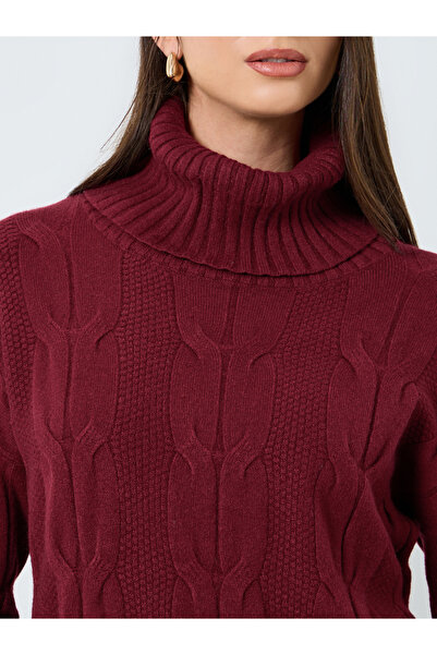 Styli Burgundy Cable Knit Roll Neck Sweater